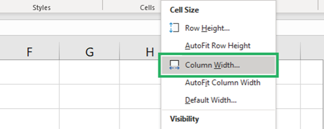 Selecting column width option for column headings. 