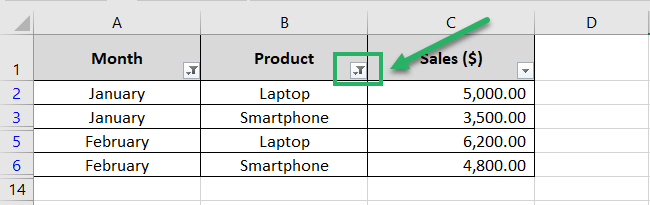 Filter icon on the column heading