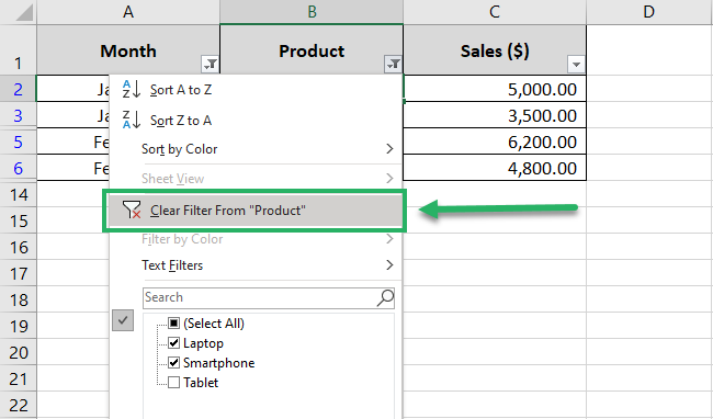 Clear filter criteria from products