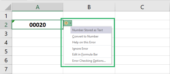 Green triangle for number stored as text