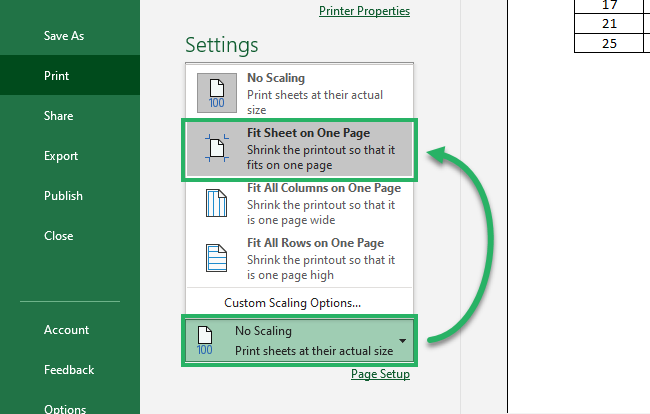 Drop Down menu: Fit Sheet on one page