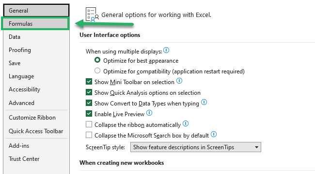 Excel options dialog box