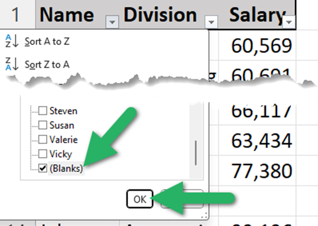 Set filtered rows to blank rows only