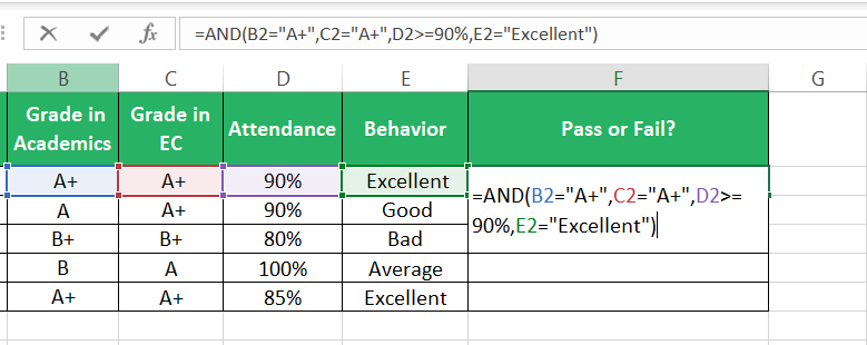 AND function for column b, column c, d and e