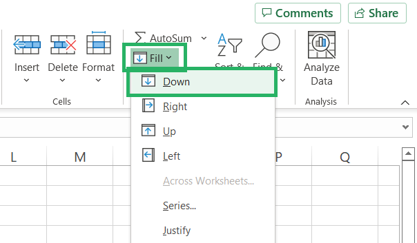 Selecting the fill-down option