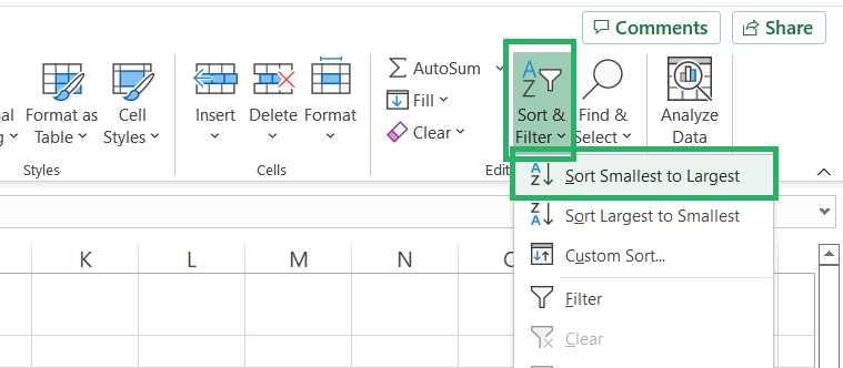 Sort data from smallest to largest