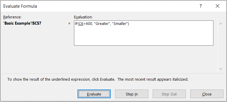 Evaluate Formula Dialog box worksheet