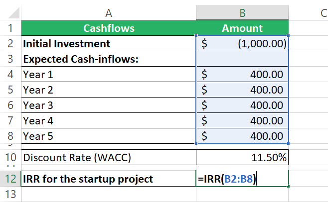 Writing the IRR formula