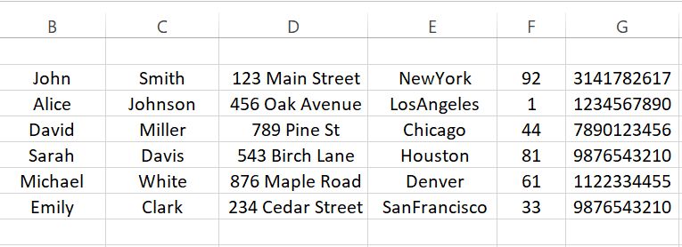 City, country code, and number in different columns