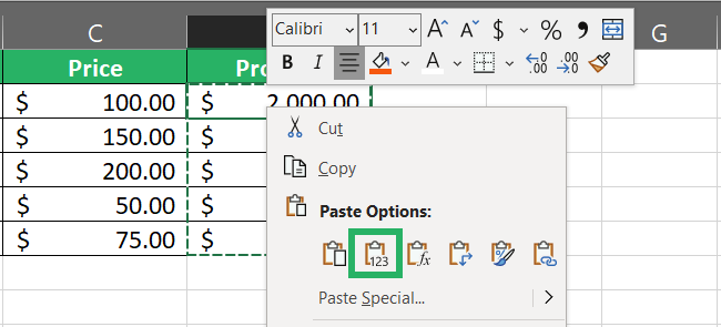 Paste special as values
