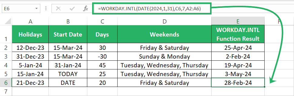 Enter WORKDAY.INTL with DATE function