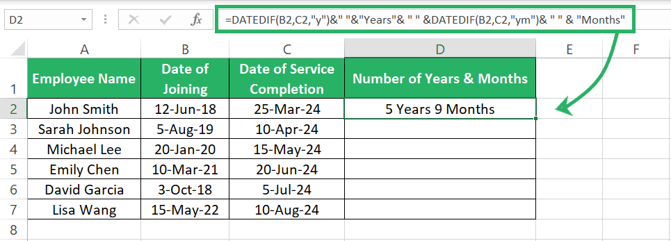Results of DATEDIF function