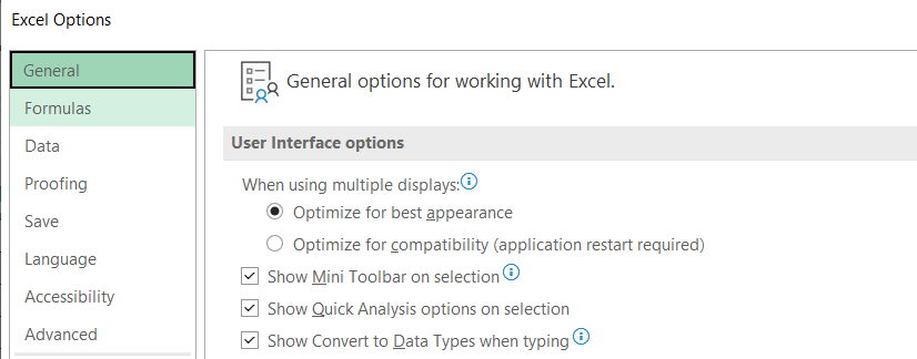 Excel options