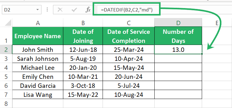 DATEDIF function for days