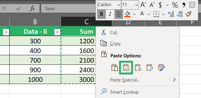 Paste special as values
