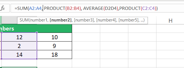 Formula activated in the formula bar