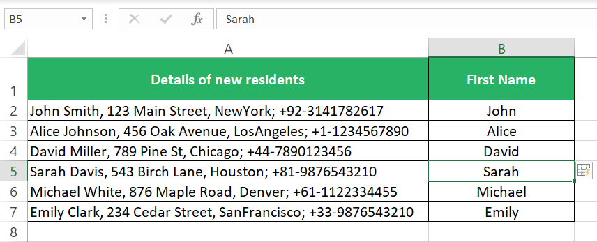 Excel fills the remaining cells using flash fill