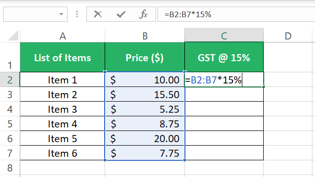 Calculate GST of 15%