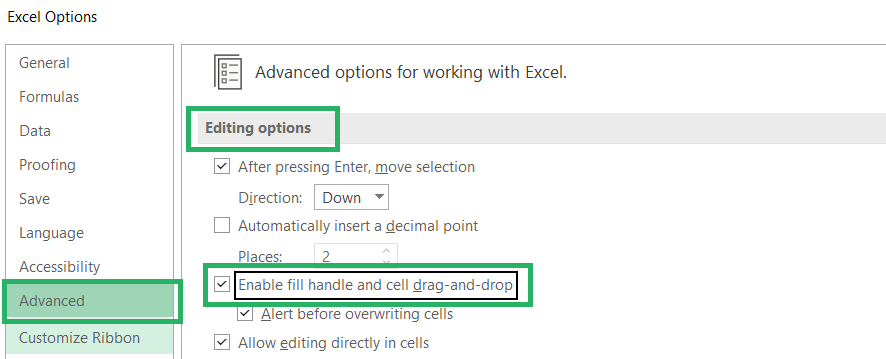 Enable fill handle