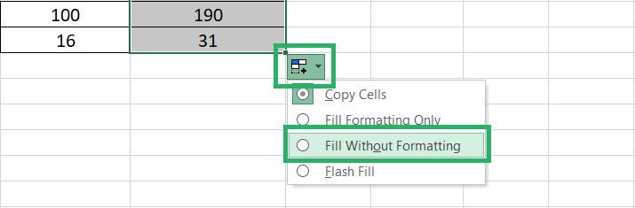 Auto-fill handle options worksheet