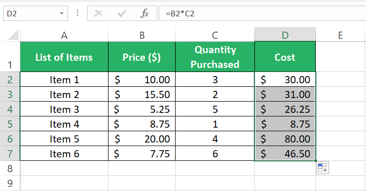 Drag the formula across range of cells