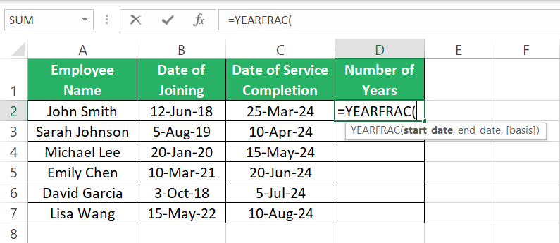 Writing the YEARFRAC function