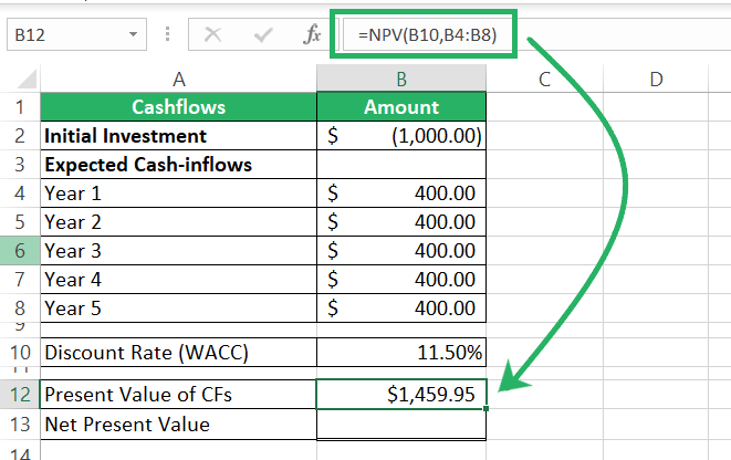 Excel calculates NPV for the time period