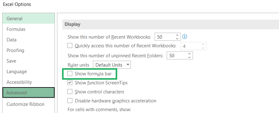 7 Uncheck hide formula bar