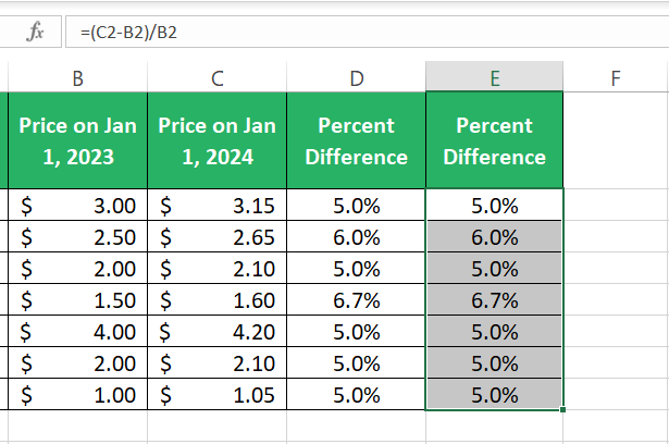 worksheet results using change Formula