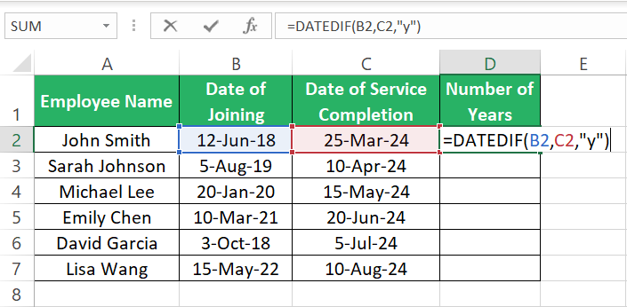 The DATEDIF function for full year