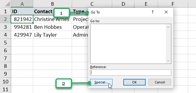 Go To Special dialog box