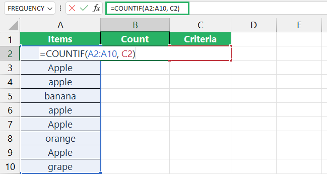 Applying the conditional formula to count the number of cells