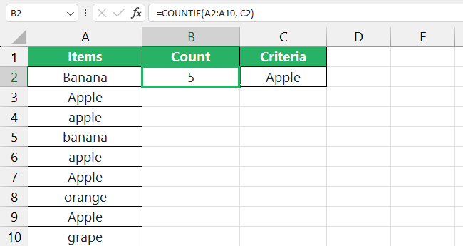 COUNTIF returns the count of a specific word