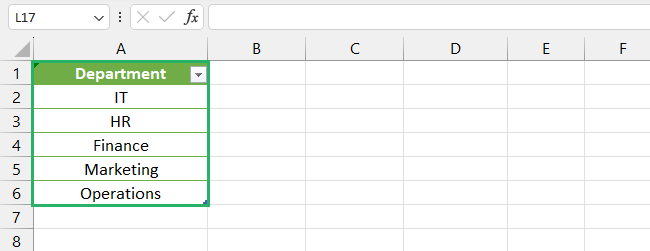 Sample data for a range of cells