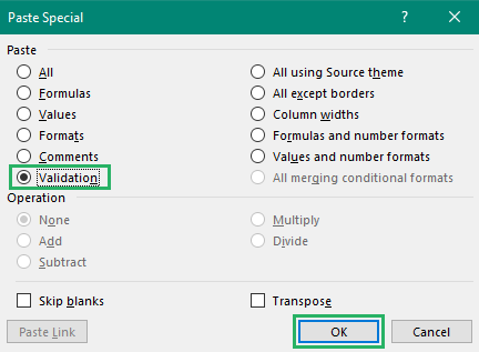 Selecting Validation from Paste Special Dialog Box