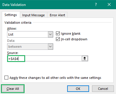 Clear values in a cell using Clear All