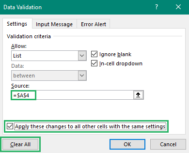 Select Apply changes to other cells options, select Clear All and Ok.