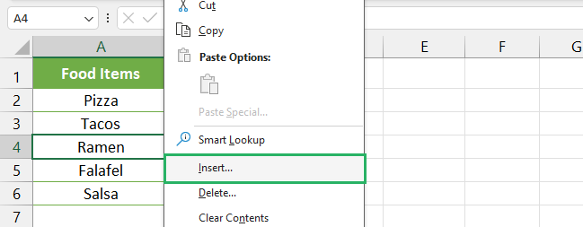 Right click cell and Insert