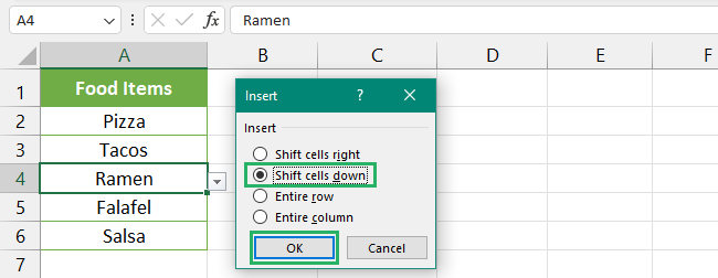 Shift cells down