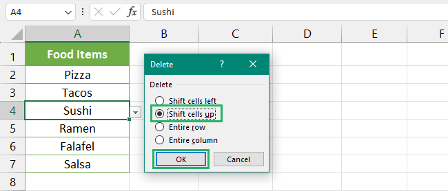 Shift cells up for deletion from the middle