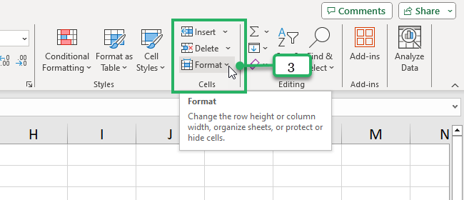Format Button in the cells group