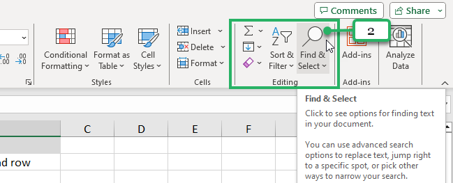 Excel Find & Select button