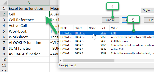 specific cell with search term