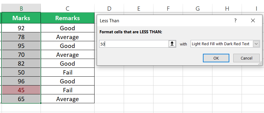 Highlight selected range of cells in red color