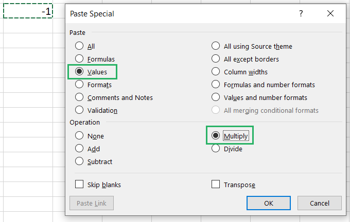 Paste Special dialog box