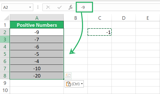 All positive values converted to negative