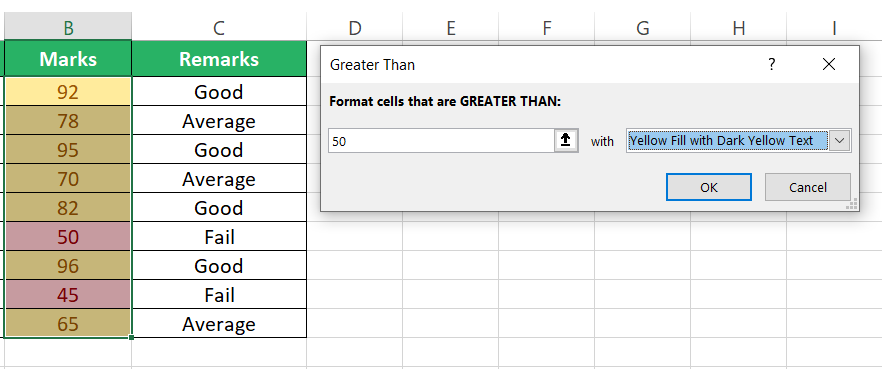 Greater than rule for cell colour