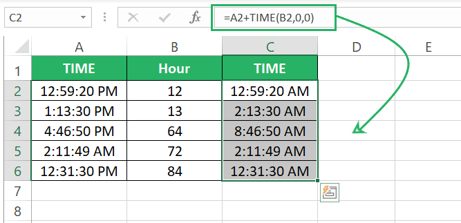 Excel functions add hours from whole list