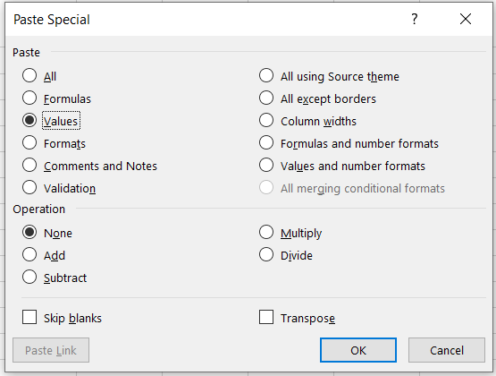 paste special dialog box