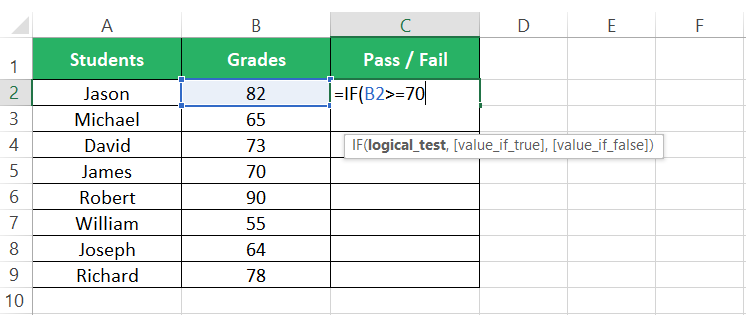 Excel formula for value greater than or equal to 70